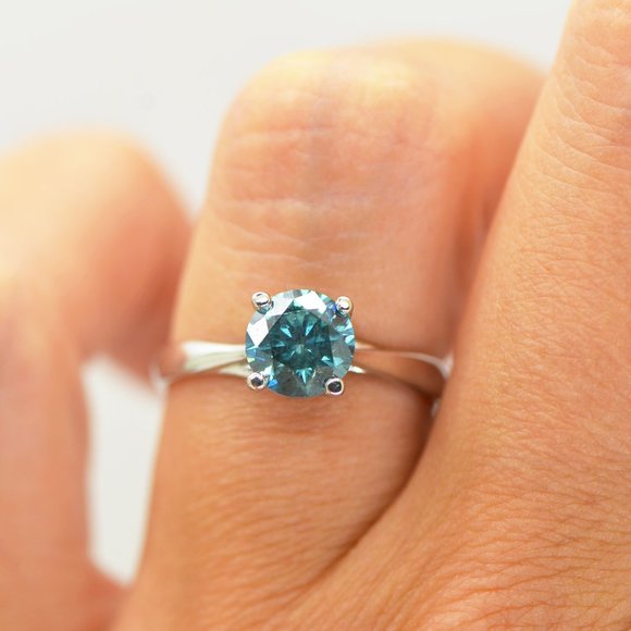 Blue Diamond Solitaire Engagement Ring Round Shape 1.57 Carat 14K White Gold - Picture 1 of 8